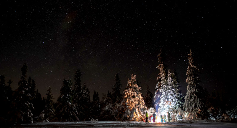 Nachtelijk 'spelen in de sneeuw' tijdens een sneeuwschoenwandeling in Trysil