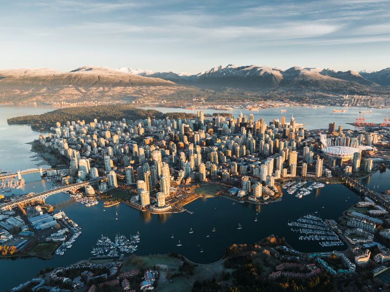 Birdseye uitzicht op de skyline van Vancouver in British Columbia in Canada.