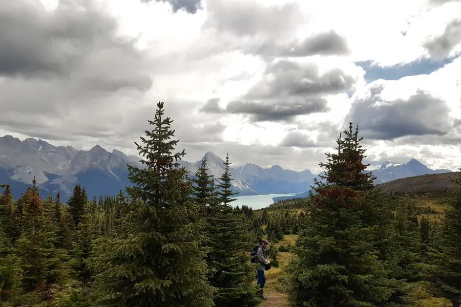 Wandelaar bij Maligne Lake in Jasper tijdens een groepsrondreis door Canada