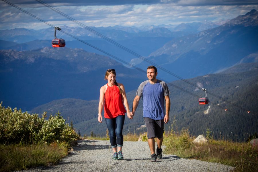 Wandelaars op Whistler en Blackcomb Mountain met de Peak 2 Peak gondola op de achtergrond in Canada.