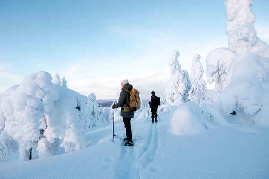 Echtpaar op forest skis geniet van het uitzicht in Saariselka Sa