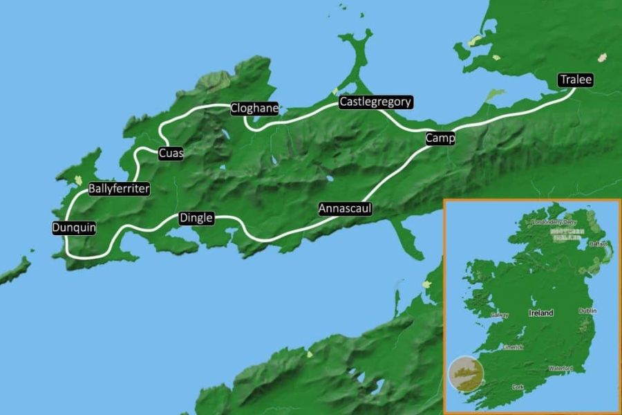 Kaart waarop de route van The Dingle Way wandeltrektocht staat aangegeven