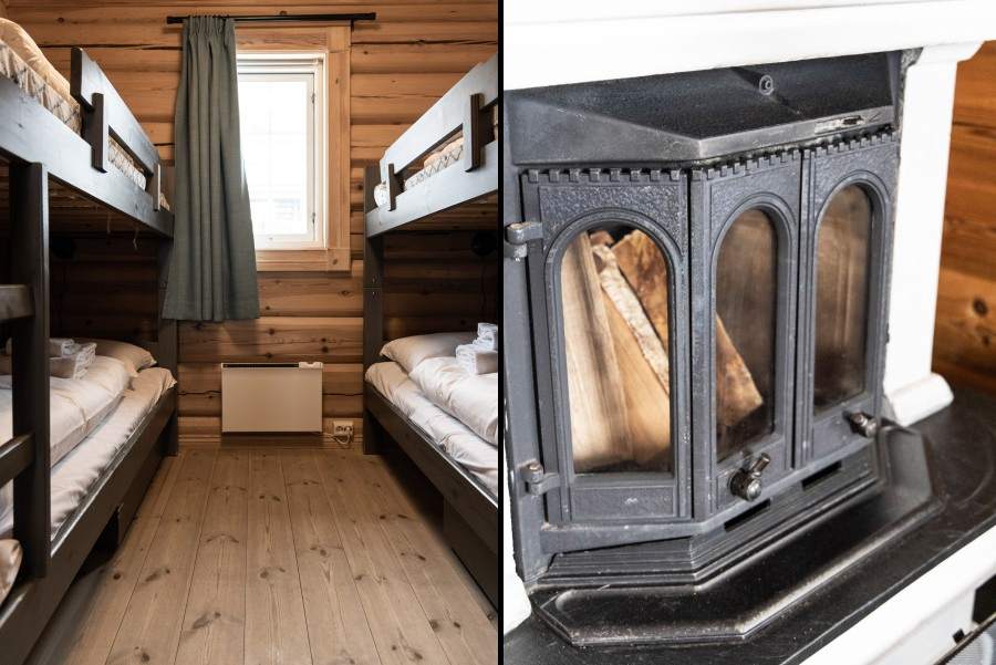 Slaapkamer met twee stapelbedden en houtkachel in de woonkamer Gaustablikk Fjellhytter