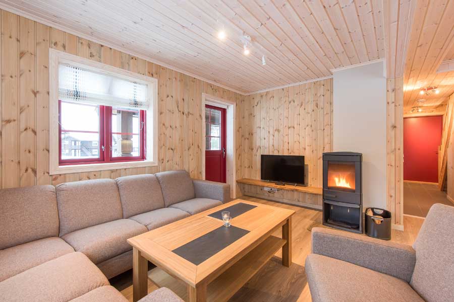 Woonkamer met houtkachel in Rugdetunet appartementen