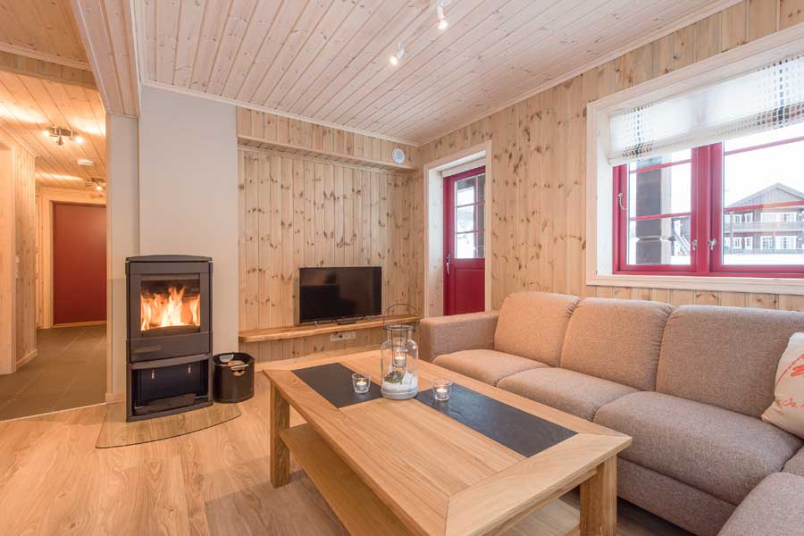 Woonkamer met houtkachel in Rugdetunet appartementen