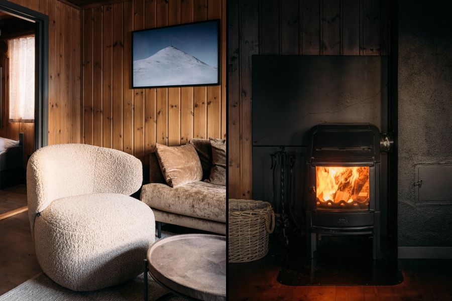 Woonkamer met houtkachel in Kvitåvatn Fjellhytter