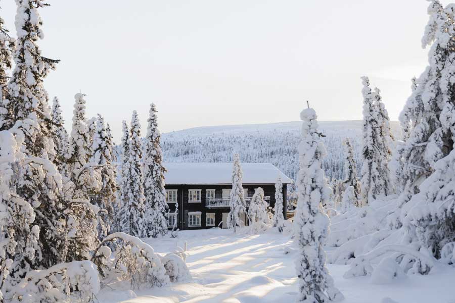 Gammelgården appartementen in de sneeuw en blakende zon gezien door de bomen