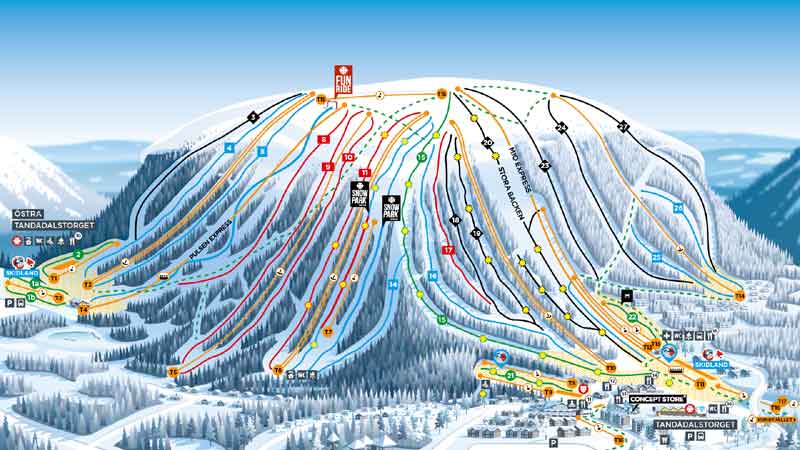 Kaart skigebied Tandadalen