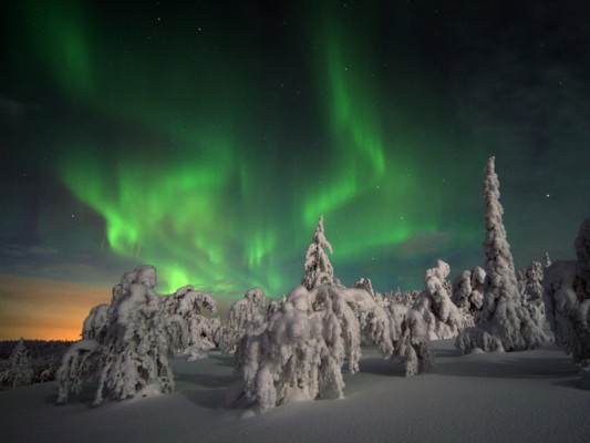 Het noorderlicht danst over de hemel in Levi, Fins Lapland
